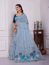 Giya Haze Blue Muga Cotton Jamdani Saree With Contrast Blouse