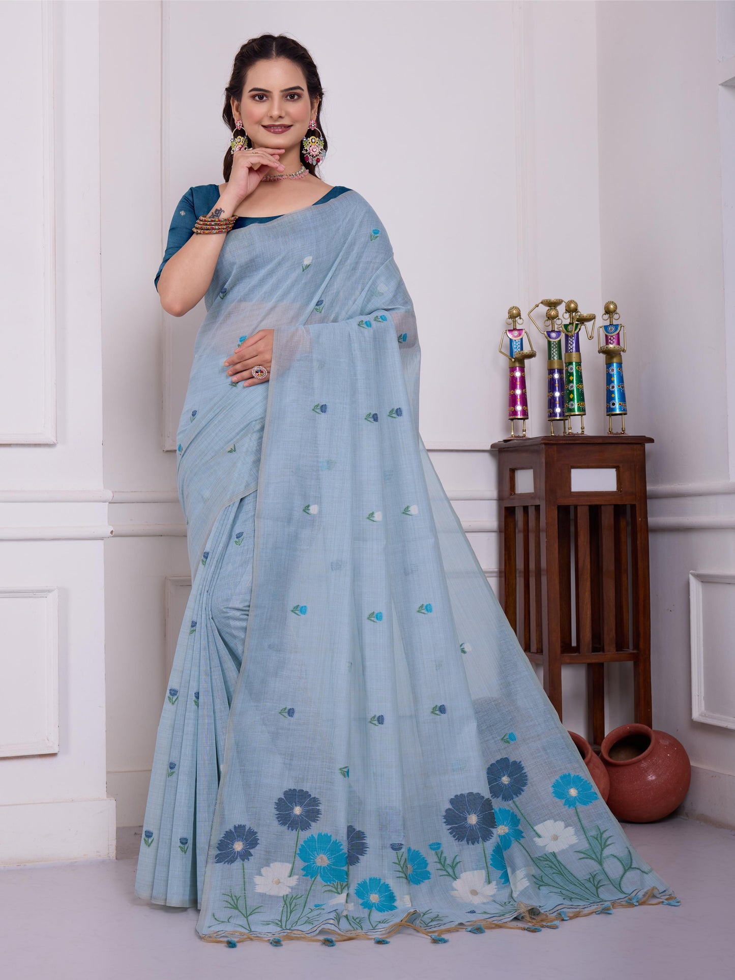 Giya Haze Blue Muga Cotton Jamdani Saree With Contrast Blouse