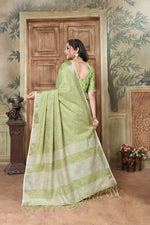 Load image into Gallery viewer, Glory Kiwi Green Soft Linen Solid Woven Saree
