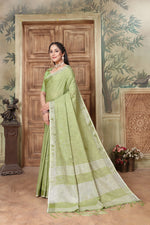 Load image into Gallery viewer, Glory Kiwi Green Soft Linen Solid Woven Saree
