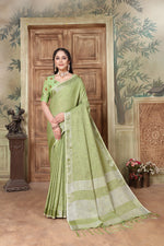 Load image into Gallery viewer, Glory Kiwi Green Soft Linen Solid Woven Saree
