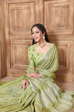 Load image into Gallery viewer, Glory Kiwi Green Soft Linen Solid Woven Saree
