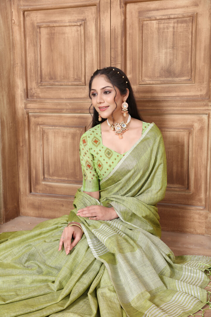 Glory Kiwi Green Soft Linen Solid Woven Saree