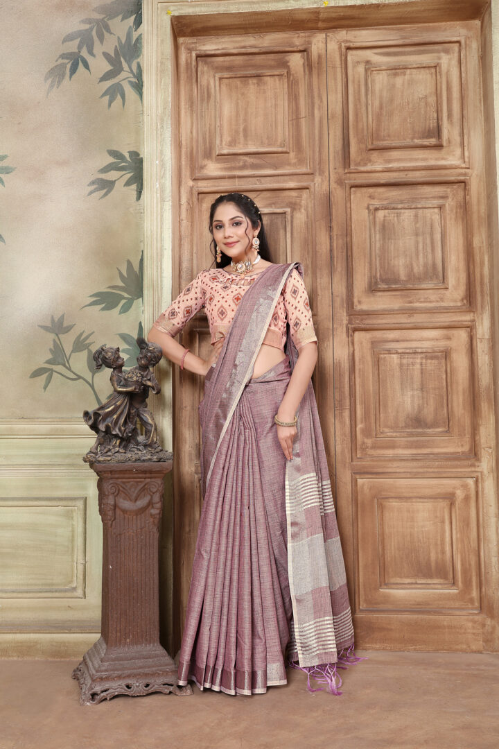 Glory Opera Mauve Soft Linen Solid Woven Saree