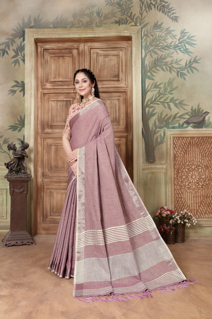 Glory Opera Mauve Soft Linen Solid Woven Saree