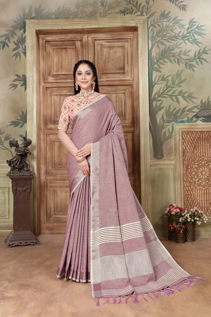 Glory Opera Mauve Soft Linen Solid Woven Saree