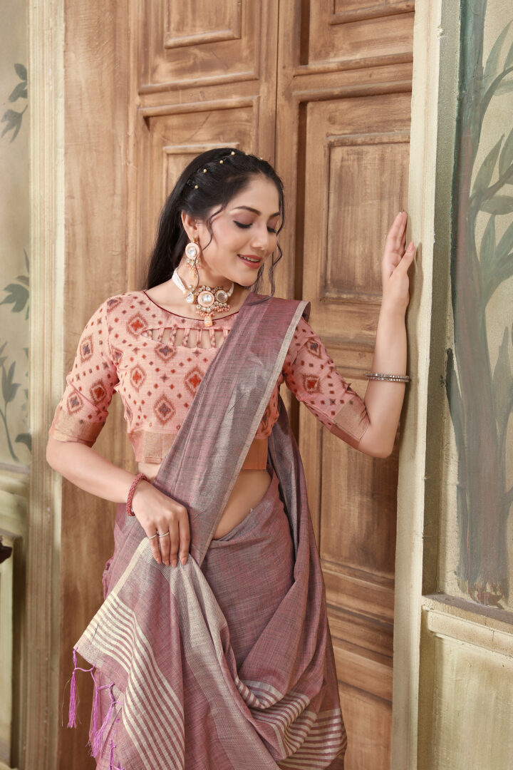 Glory Opera Mauve Soft Linen Solid Woven Saree