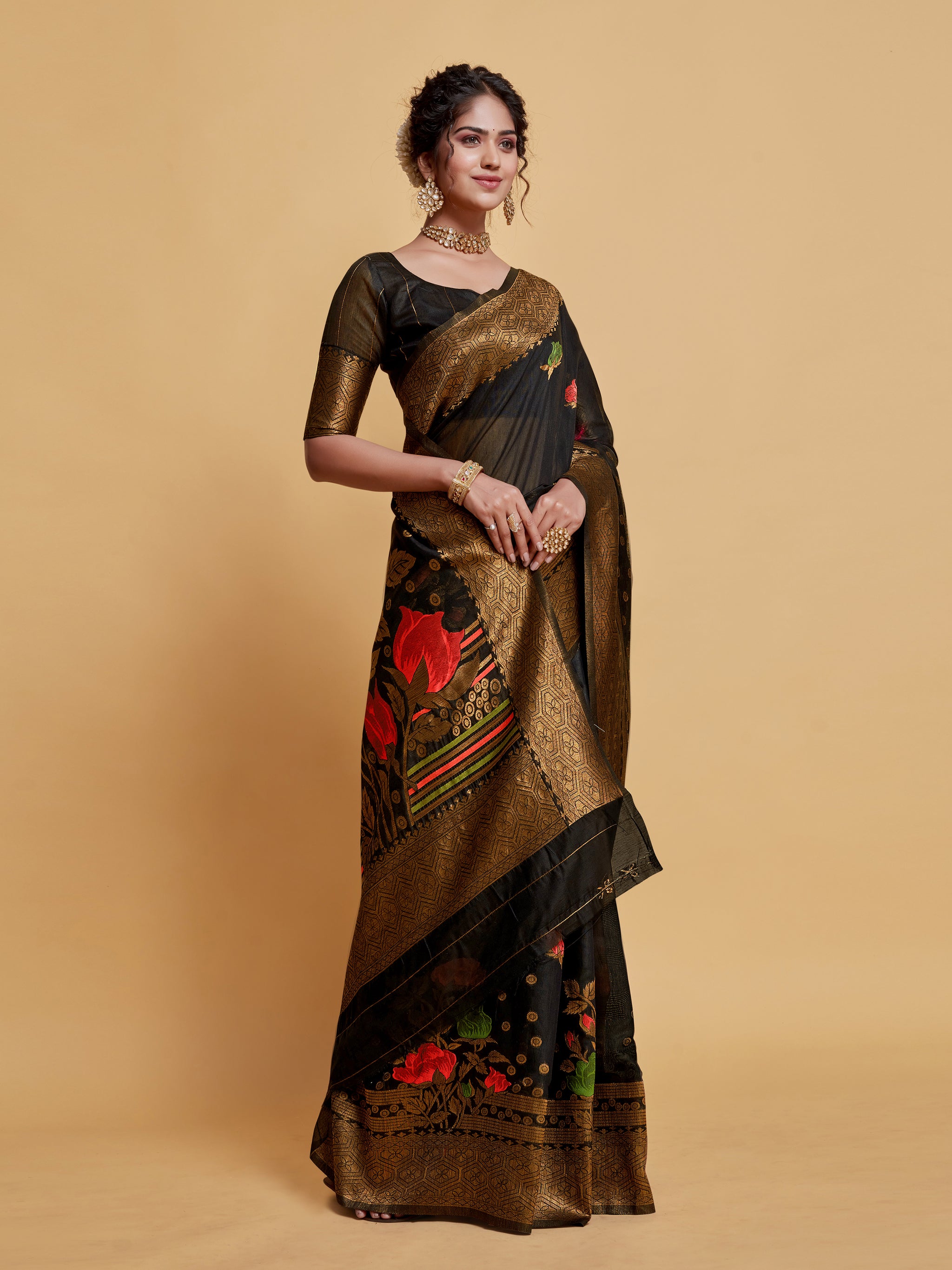 Gulabo Black Woven Jamewar Kashmiri Modal Silk Saree
