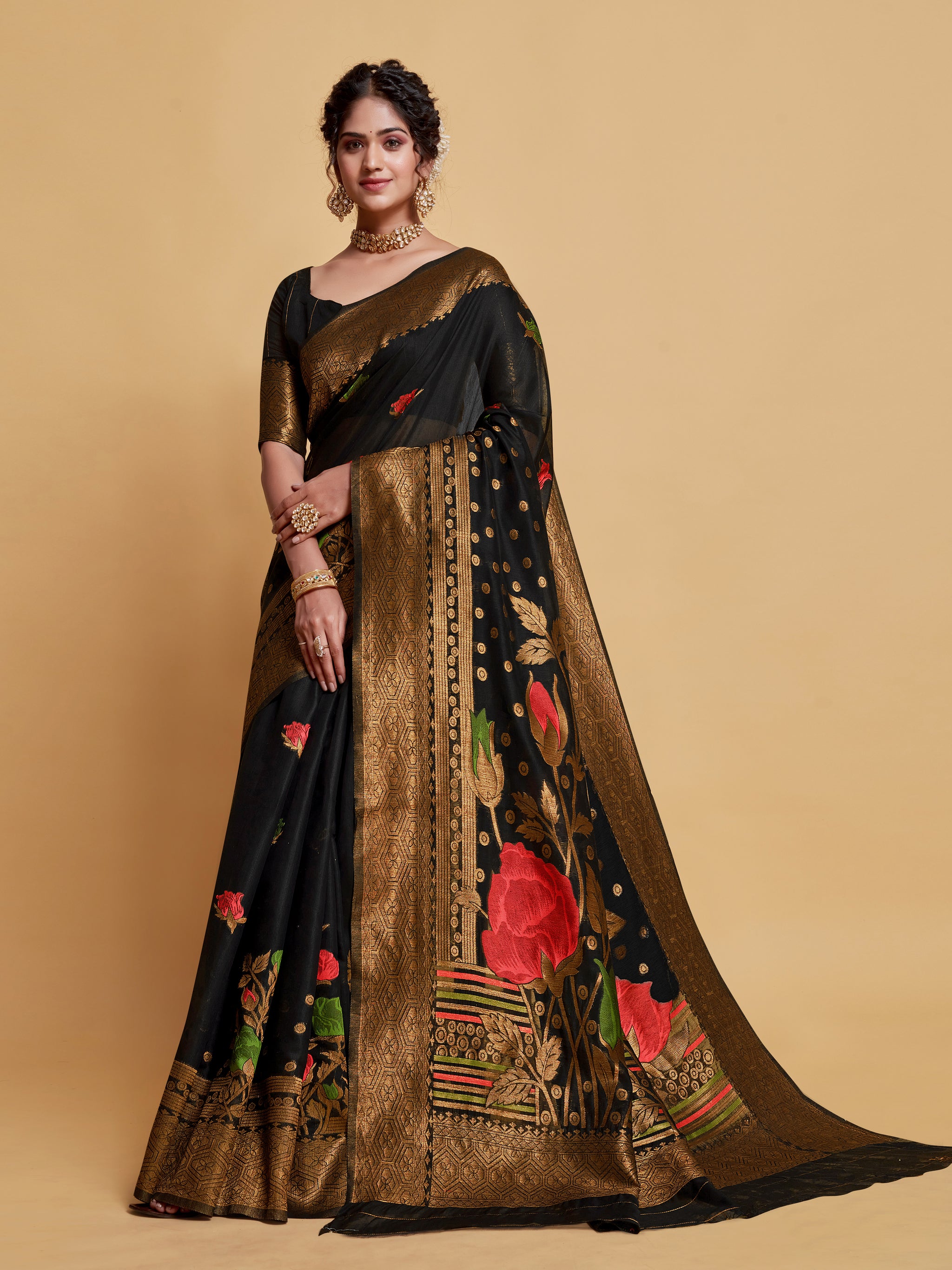 Gulabo Black Woven Jamewar Kashmiri Modal Silk Saree