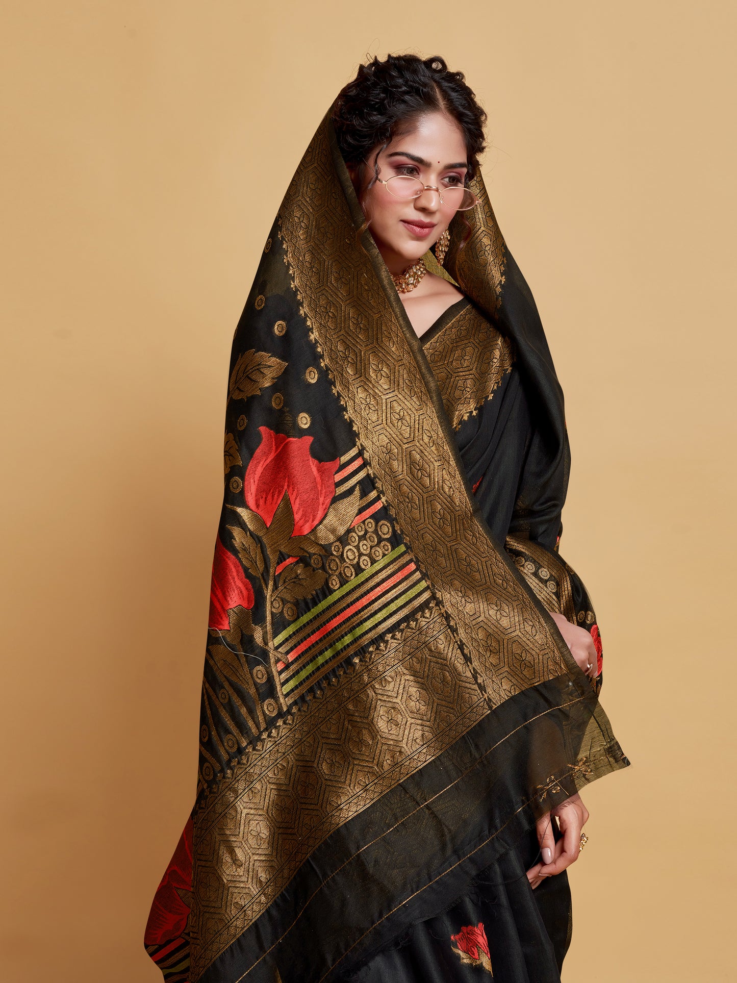 Gulabo Black Woven Jamewar Kashmiri Modal Silk Saree