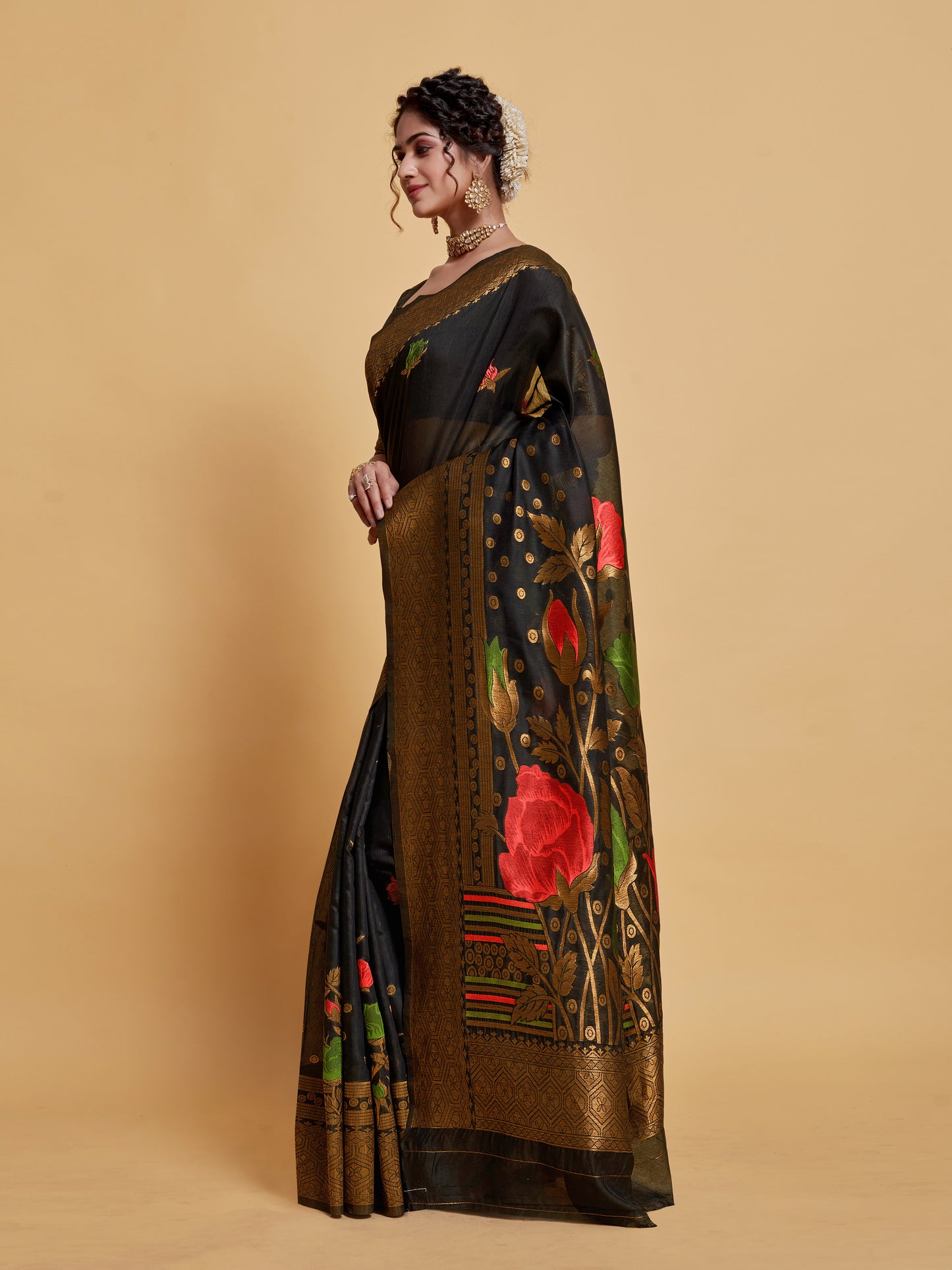 Gulabo Black Woven Jamewar Kashmiri Modal Silk Saree