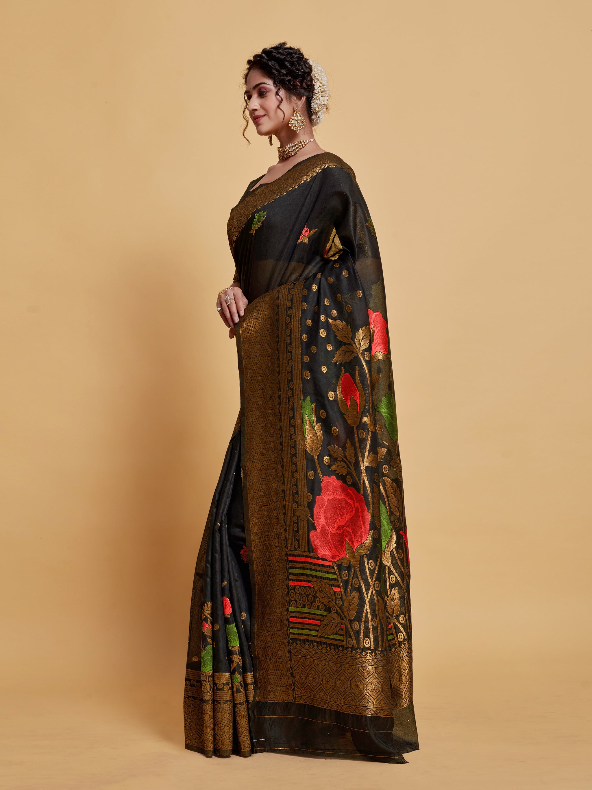 Gulabo Black Woven Jamewar Kashmiri Modal Silk Saree