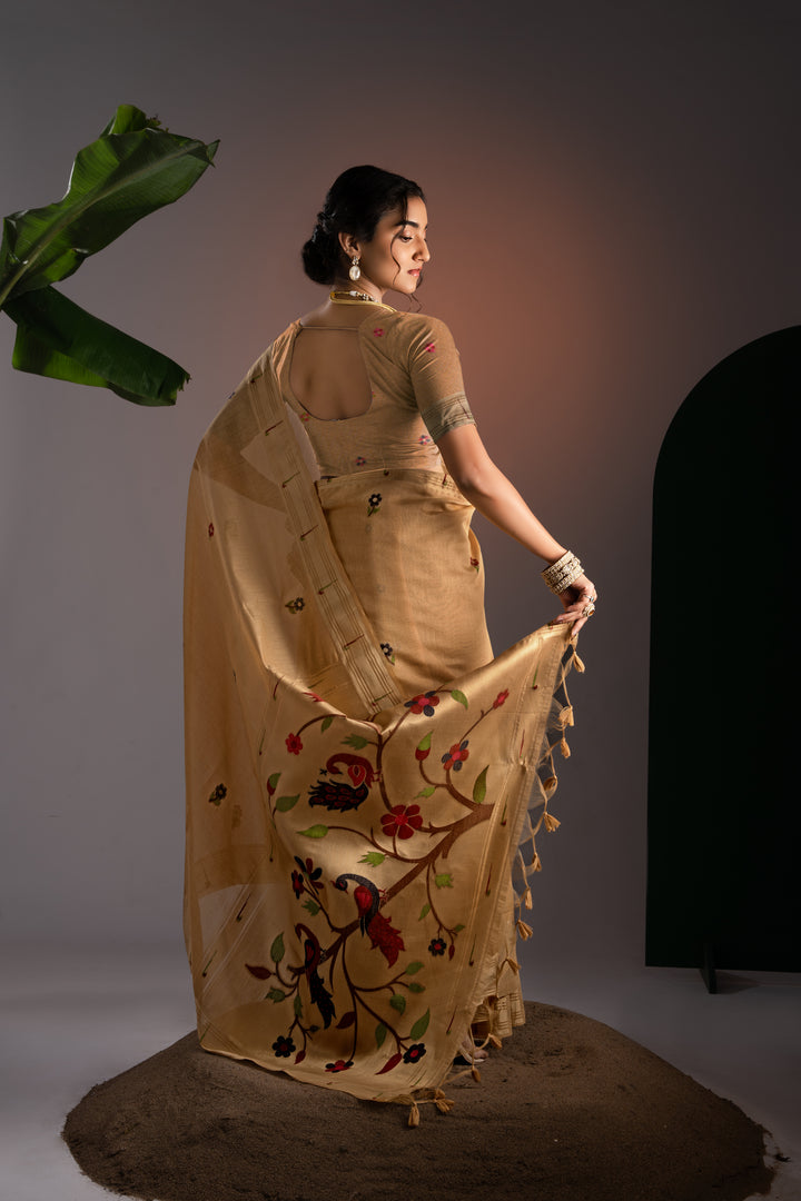 Kalakruti Mustard Yellow Paithani Muga Cotton Saree With Unstitched Blouse Piece