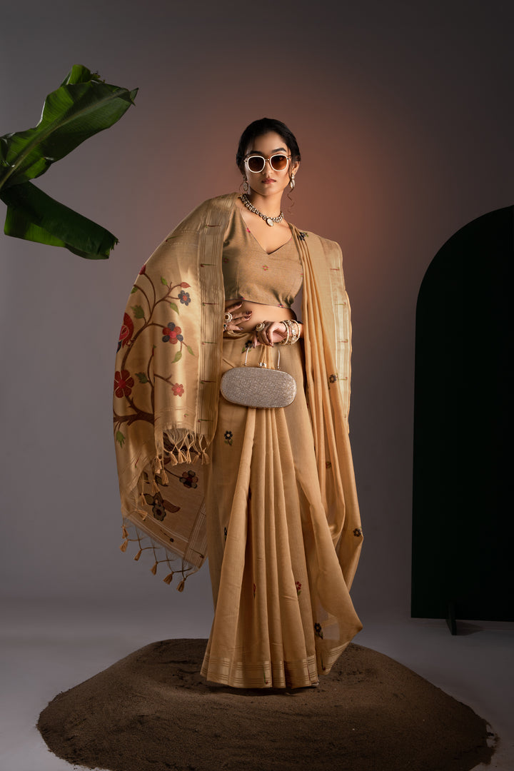 Kalakruti Mustard Yellow Paithani Muga Cotton Saree With Unstitched Blouse Piece