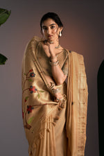 Load image into Gallery viewer, Kalakruti Mustard Yellow Paithani Muga Cotton Saree With Unstitched Blouse Piece