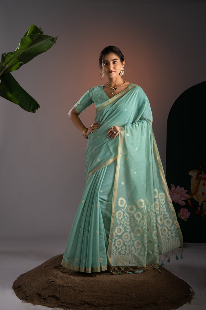 Trinay Blue Muga Cotton Saree With Unstitched Blouse Piece