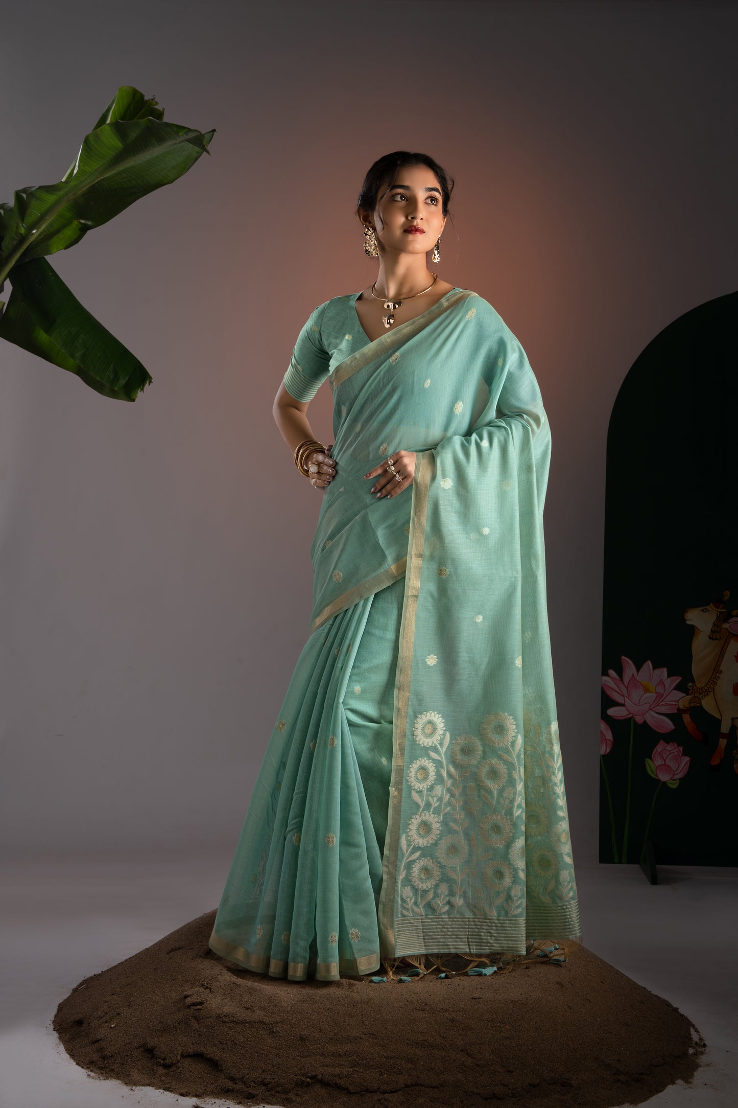 Trinay Blue Muga Cotton Saree With Unstitched Blouse Piece