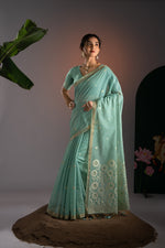 Load image into Gallery viewer, Trinay Blue Muga Cotton Saree With Unstitched Blouse Piece