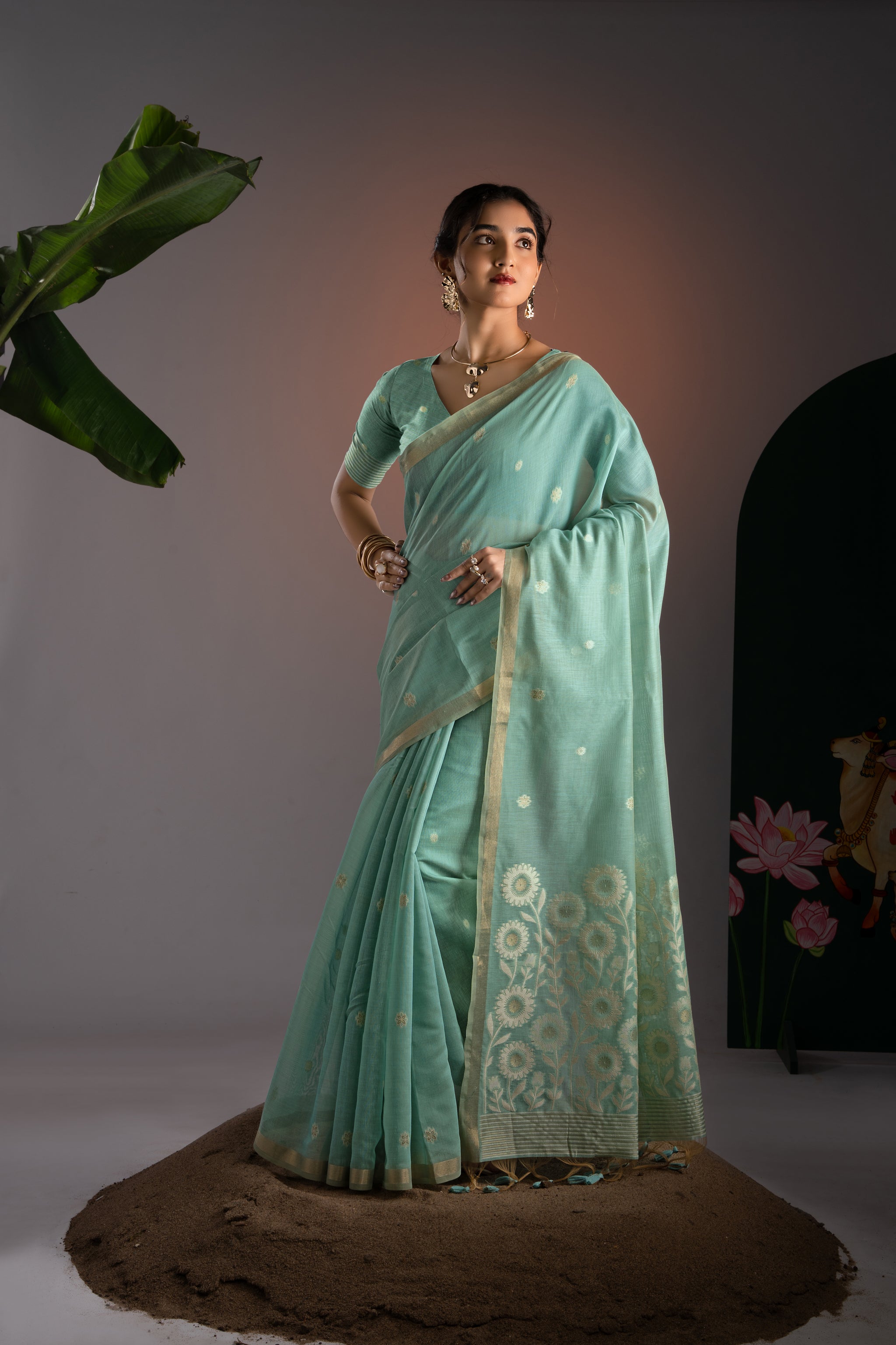 Trinay Blue Muga Cotton Saree With Unstitched Blouse Piece