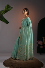 Load image into Gallery viewer, Trinay Blue Muga Cotton Saree With Unstitched Blouse Piece