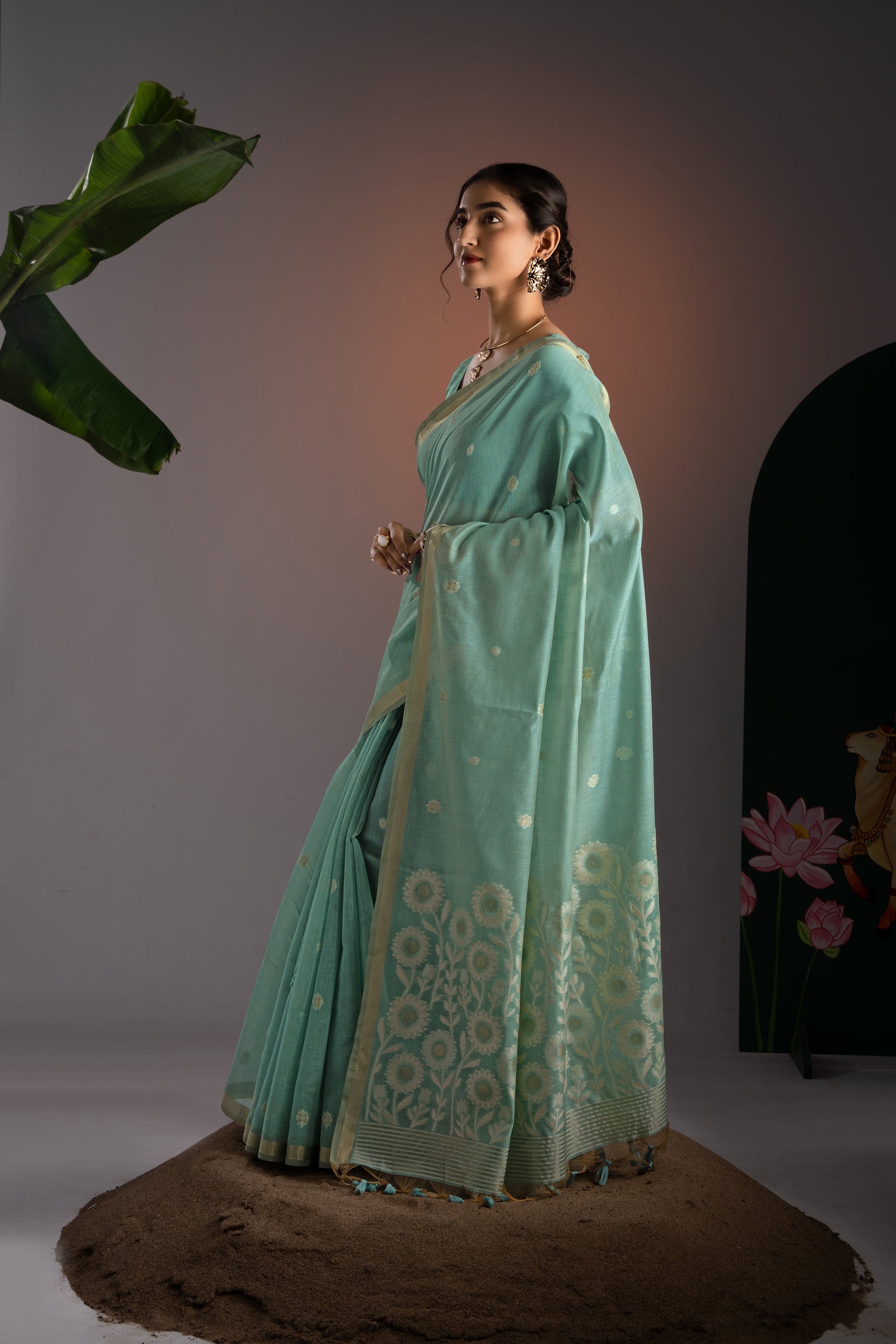 Trinay Blue Muga Cotton Saree With Unstitched Blouse Piece