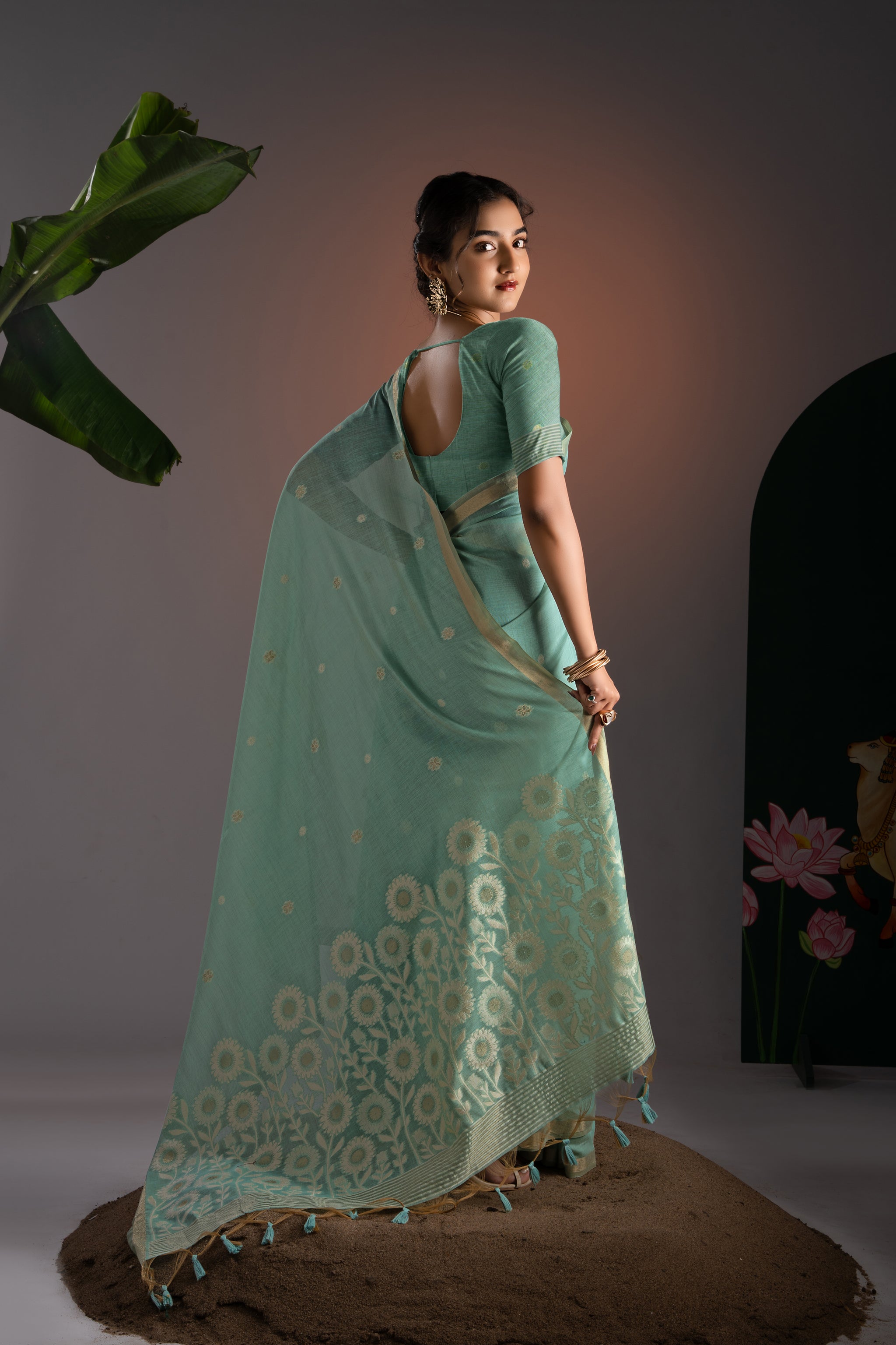 Trinay Blue Muga Cotton Saree With Unstitched Blouse Piece