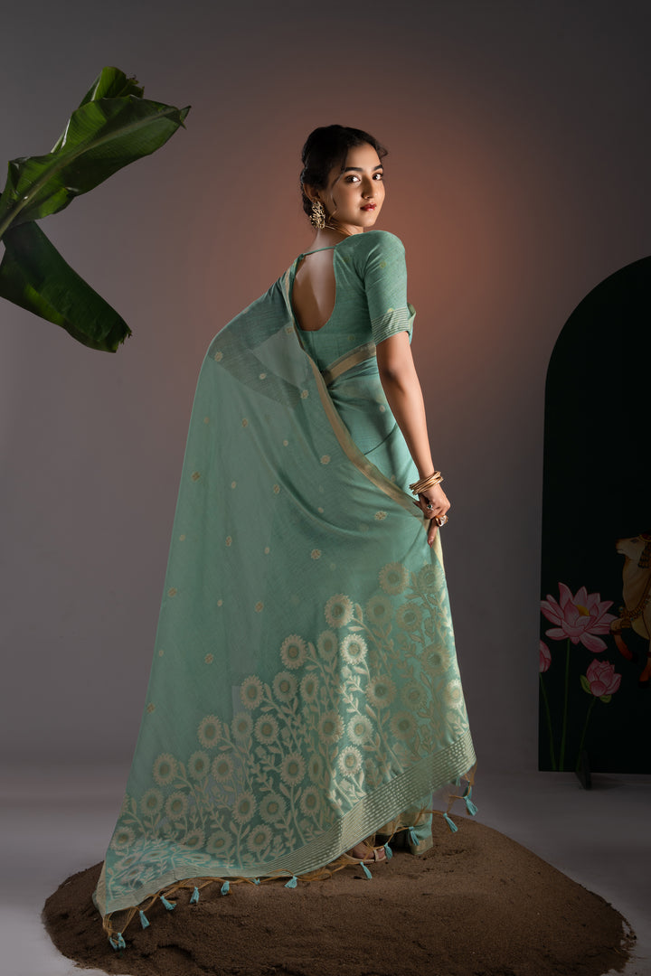 Trinay Blue Muga Cotton Saree With Unstitched Blouse Piece