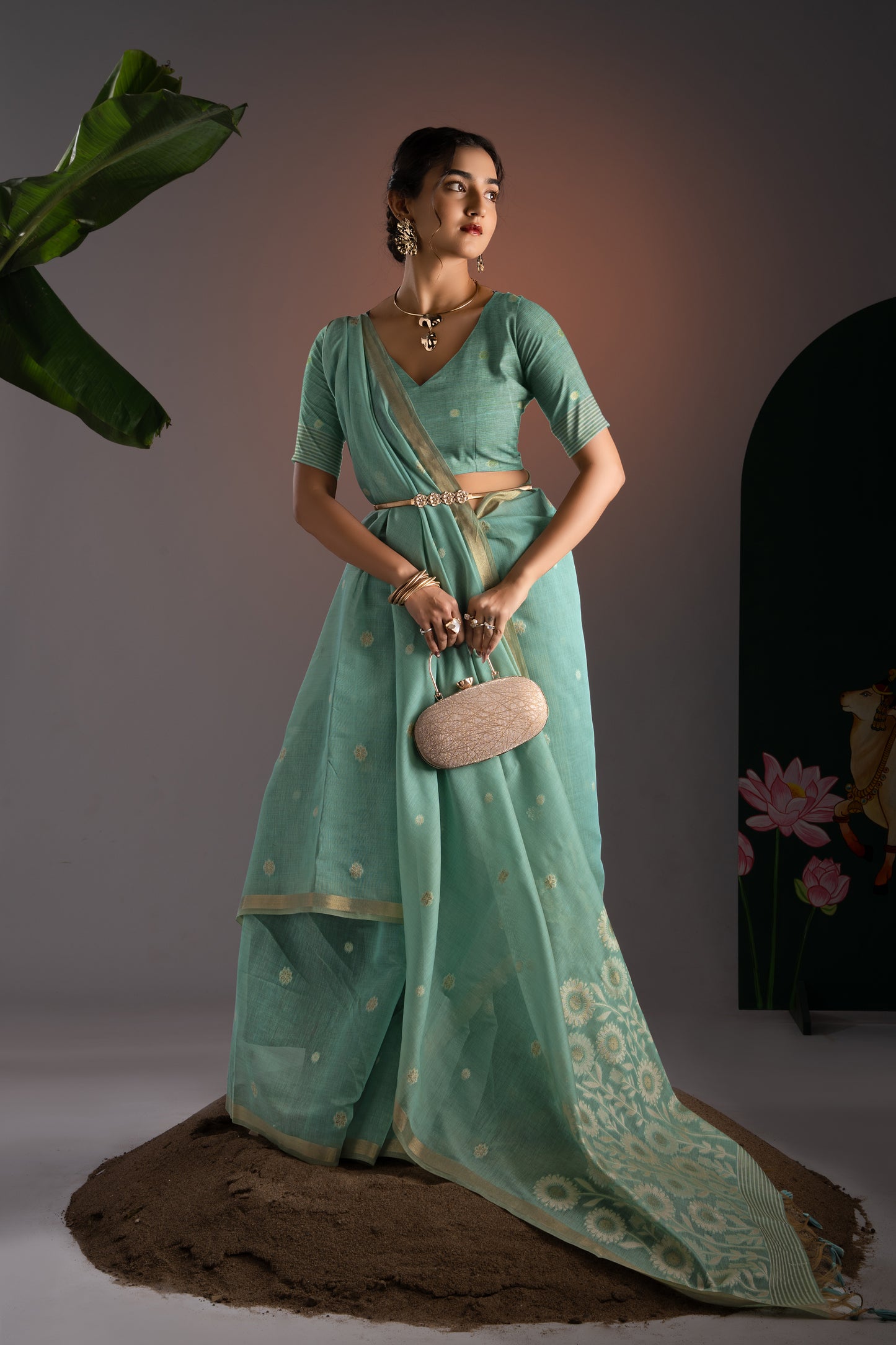 Trinay Blue Muga Cotton Saree With Unstitched Blouse Piece
