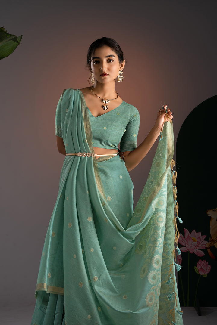 Trinay Blue Muga Cotton Saree With Unstitched Blouse Piece