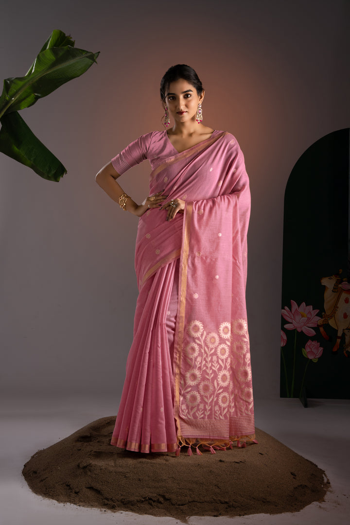 Trinay Pink Muga Cotton Saree With Unstitched Blouse Piece