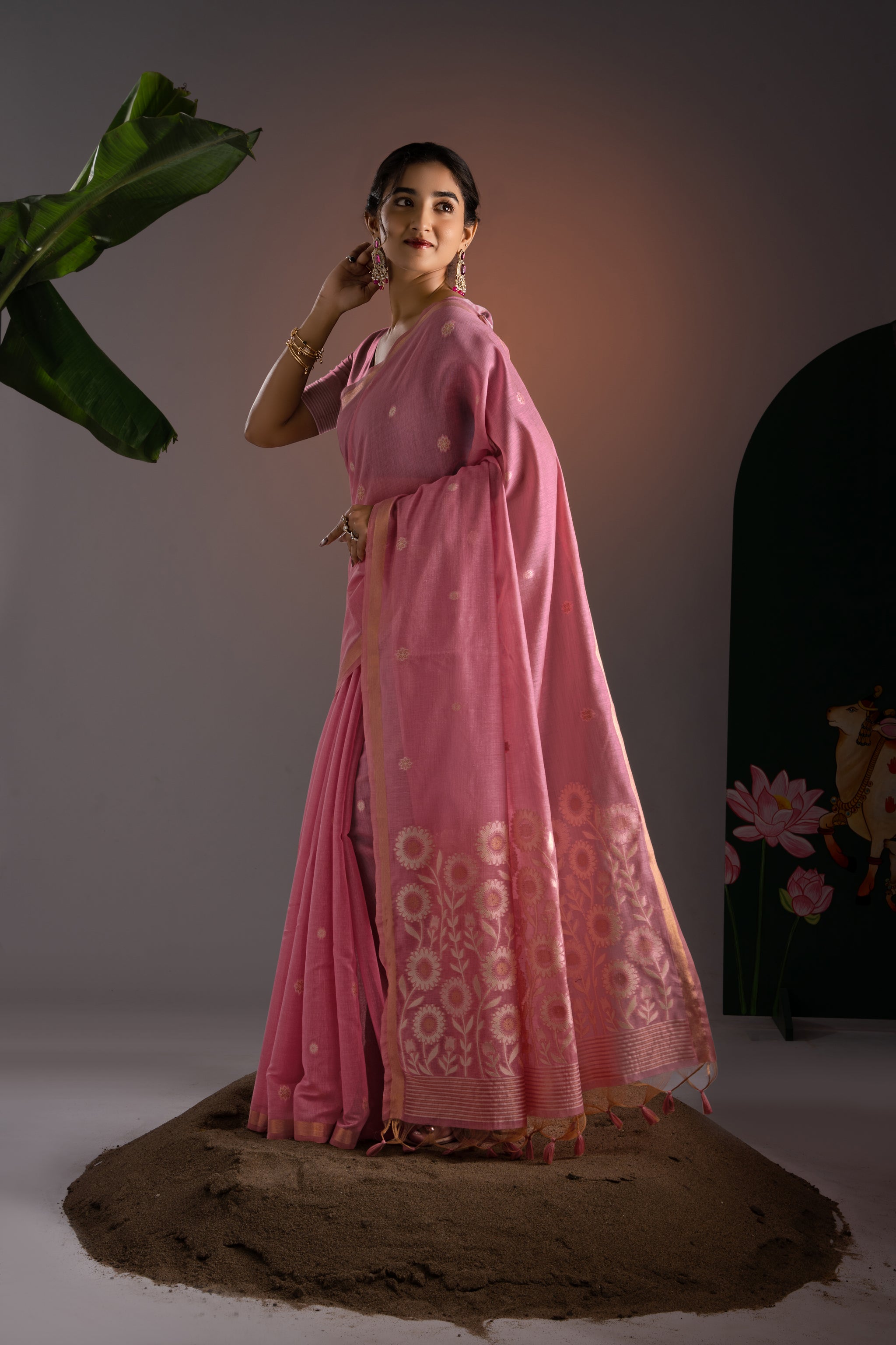 Trinay Pink Muga Cotton Saree With Unstitched Blouse Piece