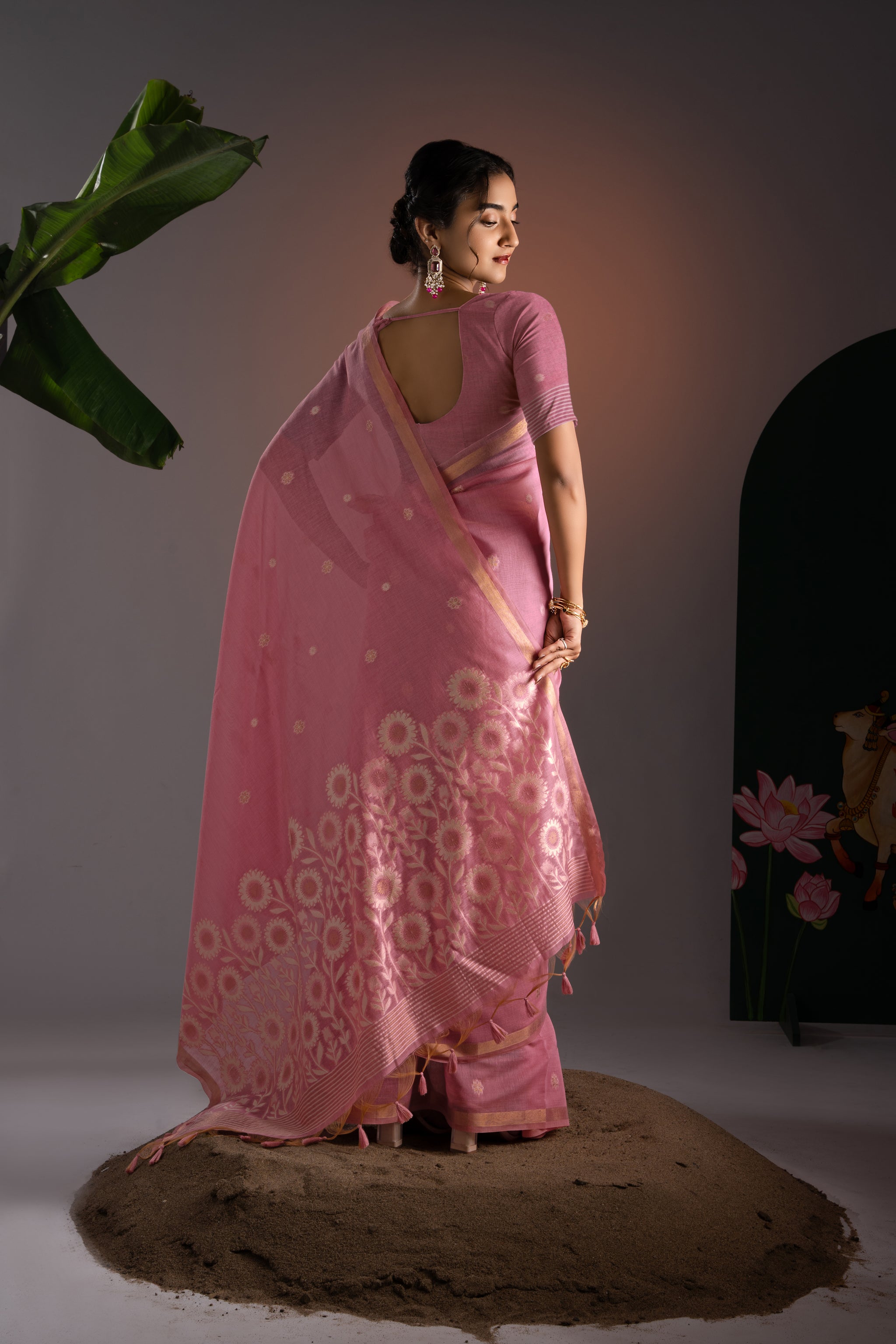 Trinay Pink Muga Cotton Saree With Unstitched Blouse Piece