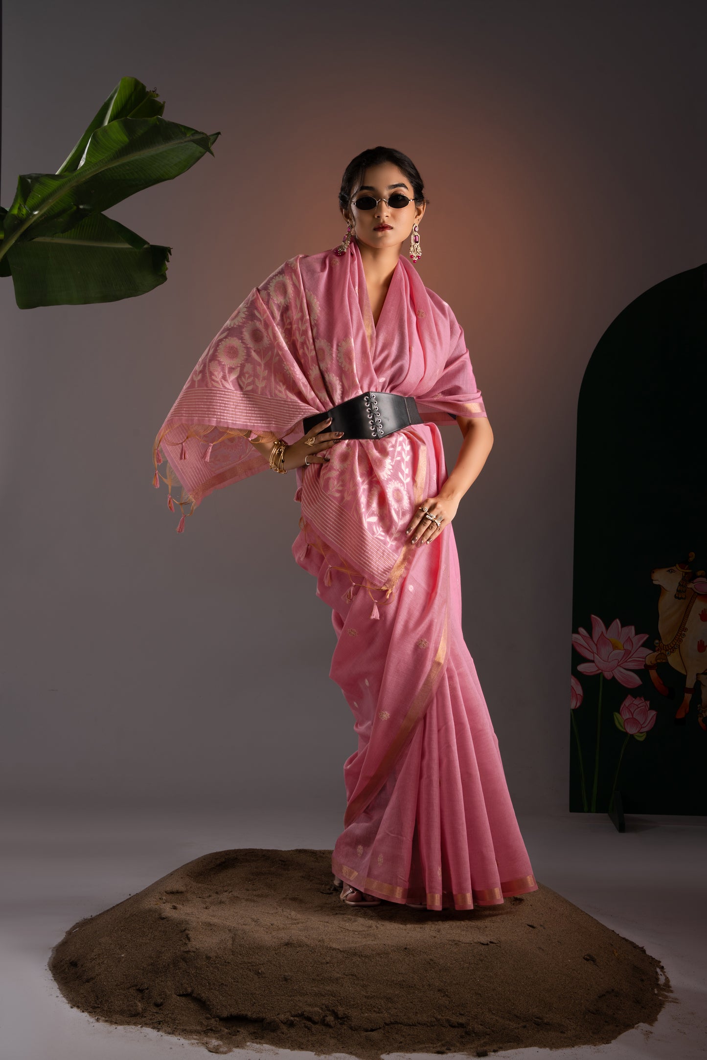 Trinay Pink Muga Cotton Saree With Unstitched Blouse Piece