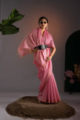 Trinay Pink Muga Cotton Saree With Unstitched Blouse Piece