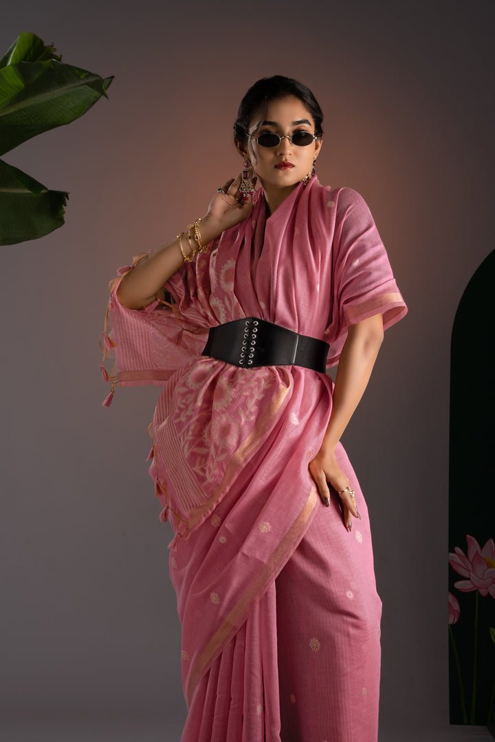 Trinay Pink Muga Cotton Saree With Unstitched Blouse Piece