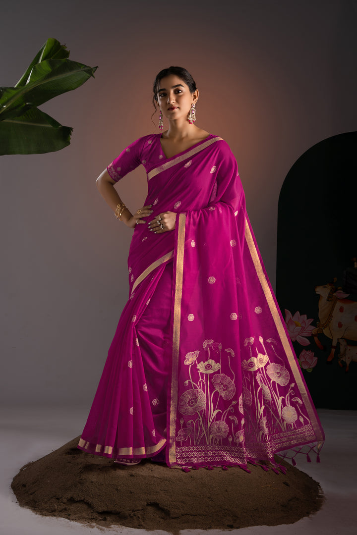 Rucha Hot Pink Muga Cotton Saree With Unstitched Blouse Piece