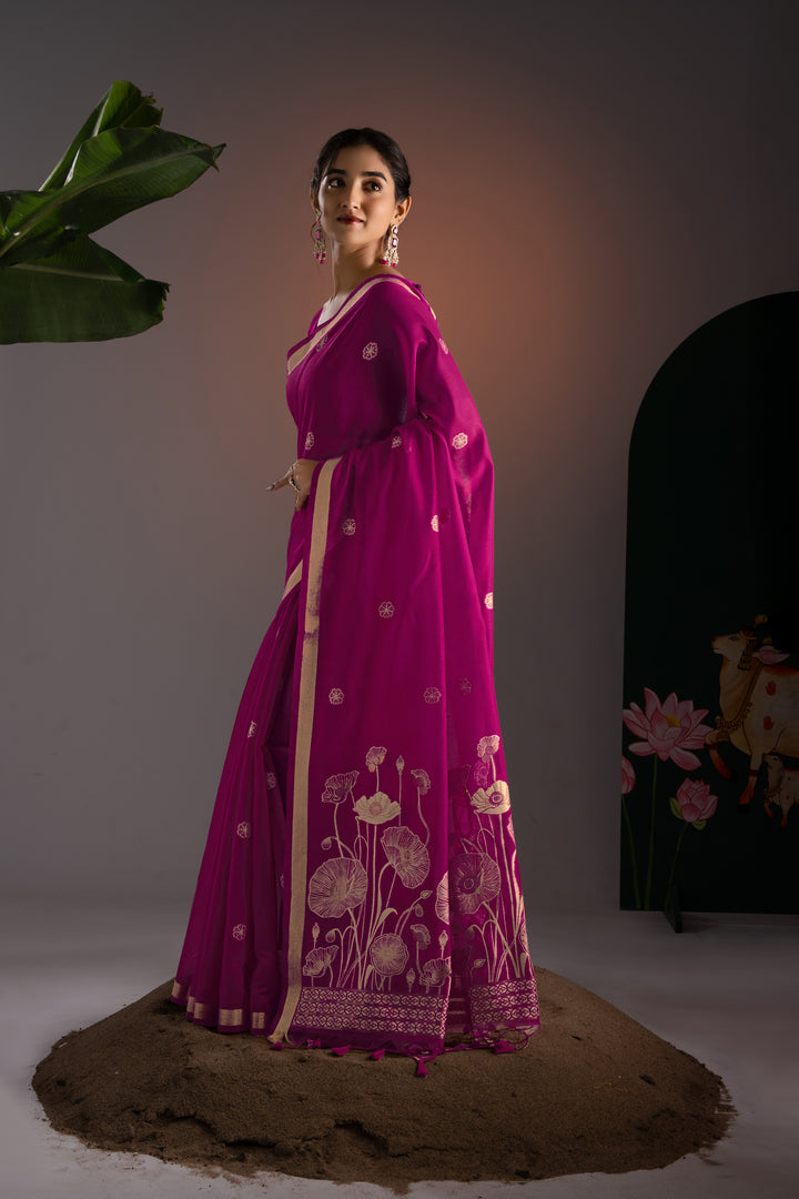 Rucha Hot Pink Muga Cotton Saree With Unstitched Blouse Piece