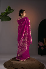 Rucha Hot Pink Muga Cotton Saree With Unstitched Blouse Piece