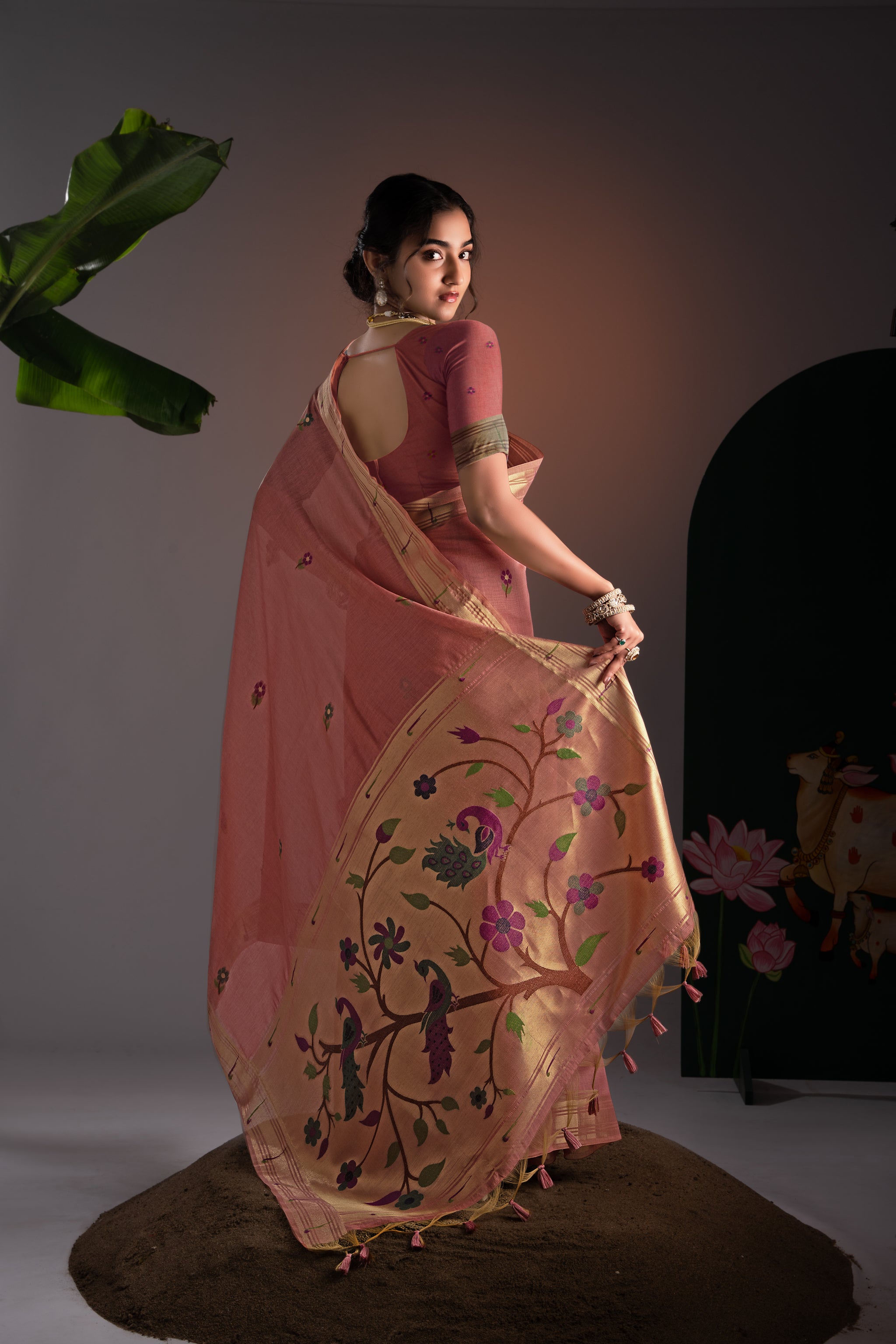 Kalakruti Pink Paithani Muga Cotton Saree With Unstitched Blouse Piece