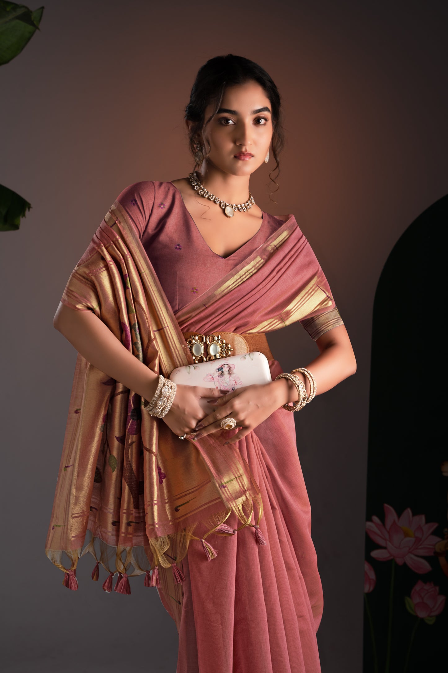 Kalakruti Pink Paithani Muga Cotton Saree With Unstitched Blouse Piece