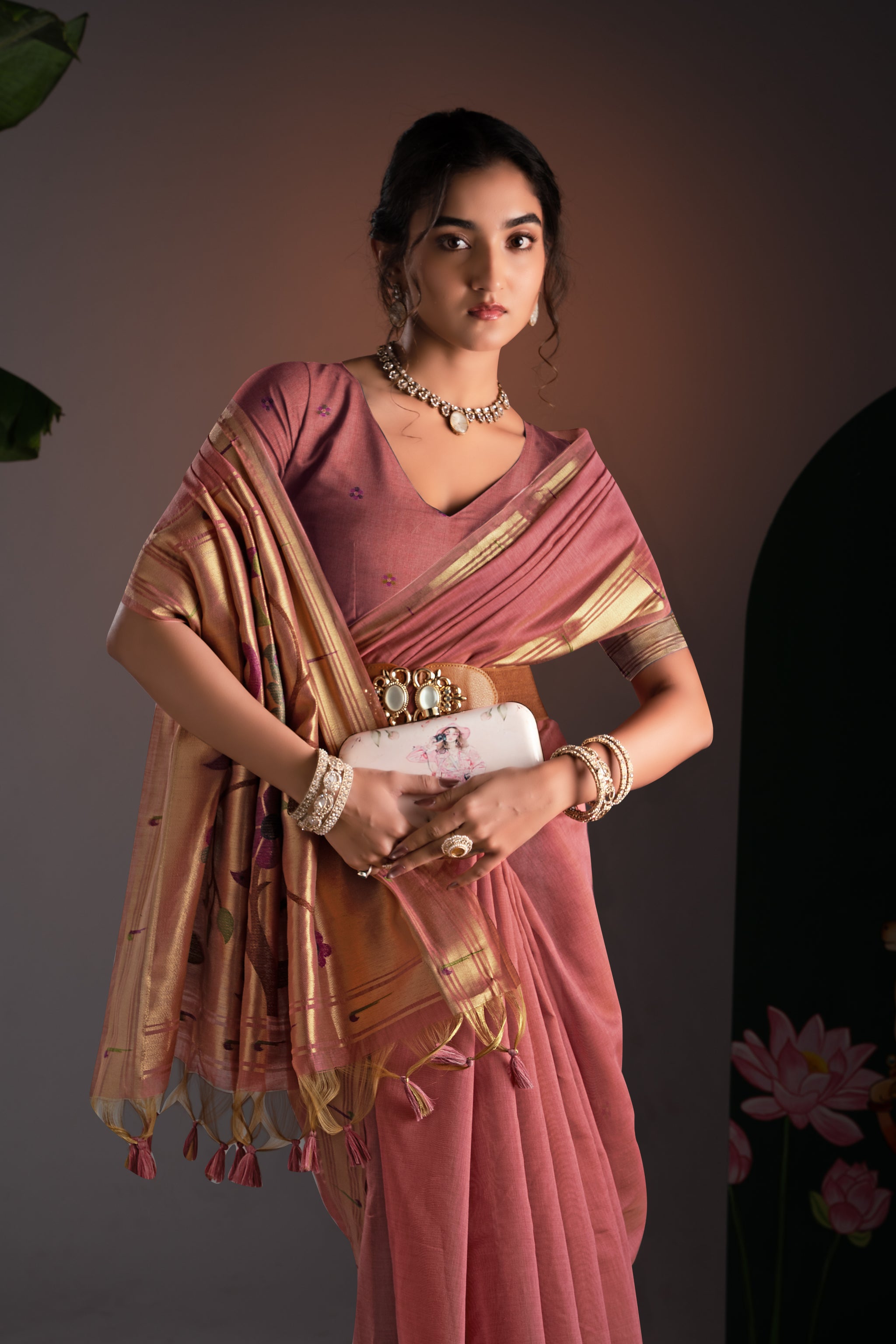 Kalakruti Pink Paithani Muga Cotton Saree With Unstitched Blouse Piece