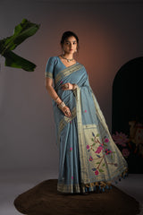 Kalakruti Greyish Blue Paithani Muga Cotton Saree With Unstitched Blouse Piece