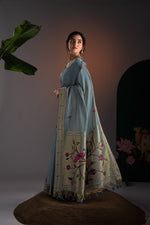 Load image into Gallery viewer, Kalakruti Greyish Blue Paithani Muga Cotton Saree With Unstitched Blouse Piece