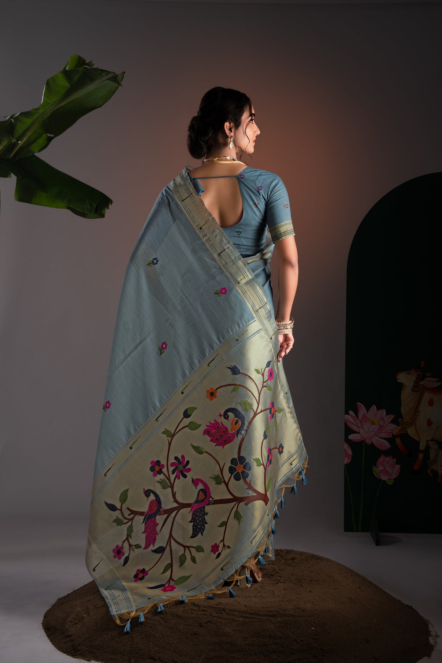 Kalakruti Greyish Blue Paithani Muga Cotton Saree With Unstitched Blouse Piece