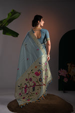 Load image into Gallery viewer, Kalakruti Greyish Blue Paithani Muga Cotton Saree With Unstitched Blouse Piece