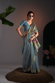 Kalakruti Greyish Blue Paithani Muga Cotton Saree With Unstitched Blouse Piece