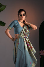 Load image into Gallery viewer, Kalakruti Greyish Blue Paithani Muga Cotton Saree With Unstitched Blouse Piece