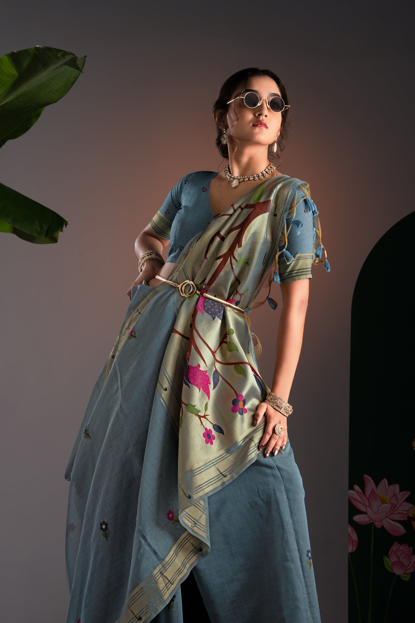 Kalakruti Greyish Blue Paithani Muga Cotton Saree With Unstitched Blouse Piece