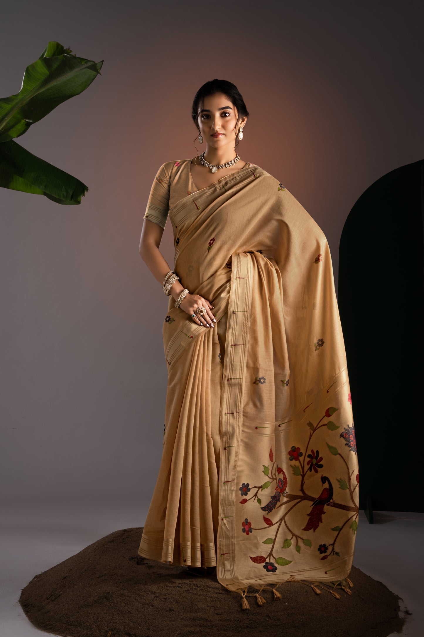 Kalakruti Mustard Yellow Paithani Muga Cotton Saree With Unstitched Blouse Piece