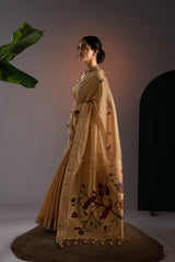 Kalakruti Mustard Yellow Paithani Muga Cotton Saree With Unstitched Blouse Piece